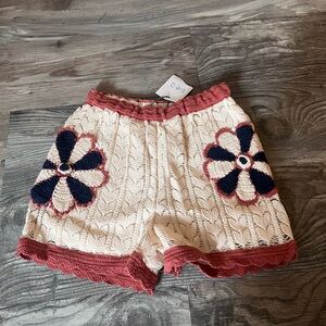 Zara Cream and Red Floral Knit High Waist Shorts